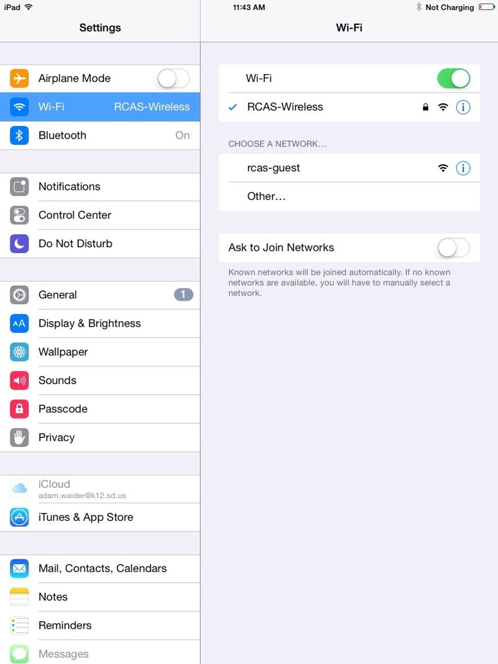 Make sure that there is a blue check mark next to RCAS-wireless, and that wifi is on.