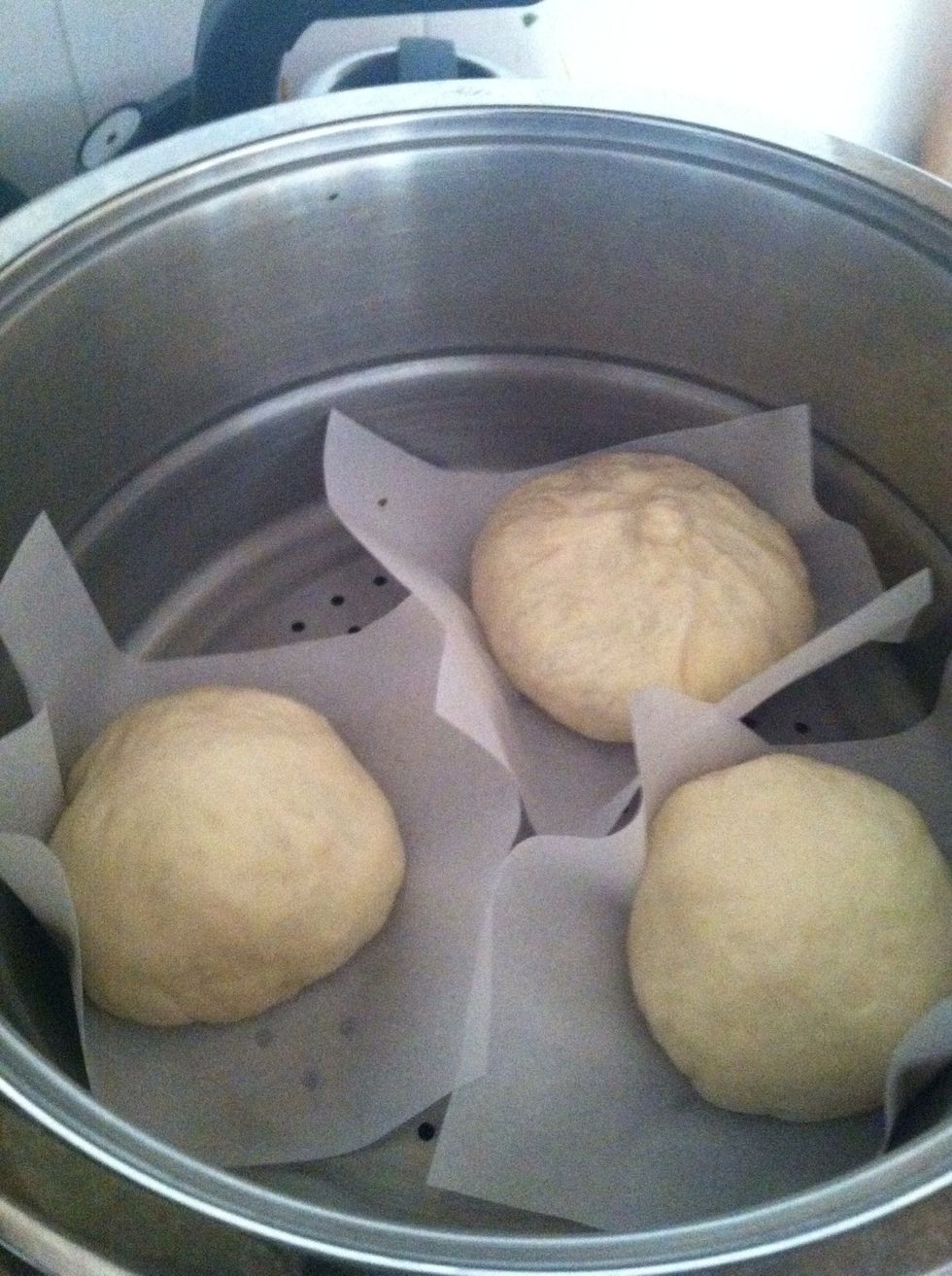 Make sure the bottom half of the steamer has water and is boiling before you put your Siopao in. Once in, cover for 20 min...