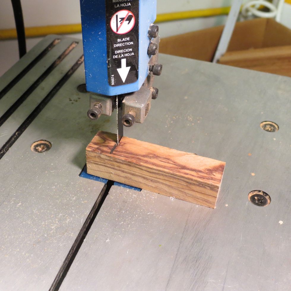 Make sure the wood blank is slightly longer than the brass tube which comes with the kit. I use a bandsaw, but you can used any kind of saw. Watch your fingers!