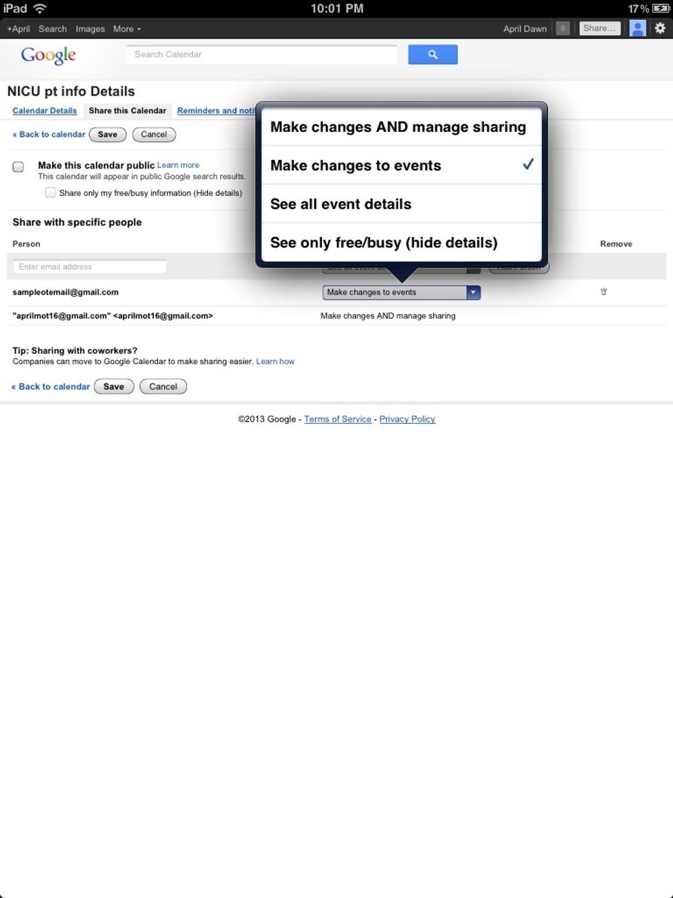 Make sure to select the 'Make changes to events' option in order to let people edit the shared calendar. Then click 'Create calendar' to complete the process.