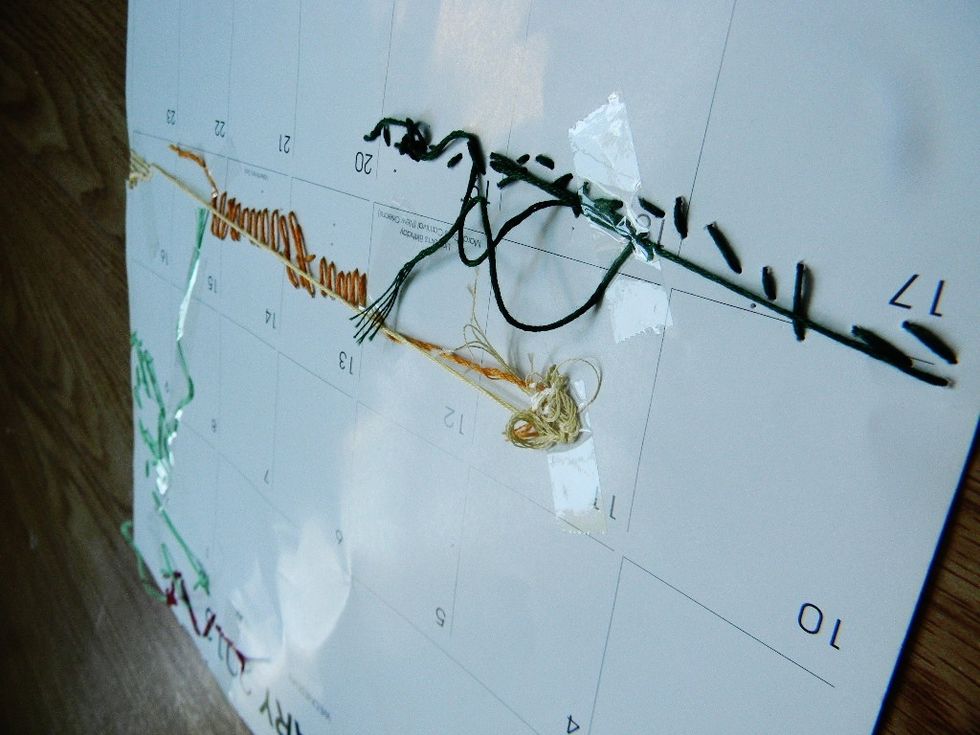 Make sure to tie knots on the back and tap the string to the page so it doesn't fall back through. This does NOT have to look good.