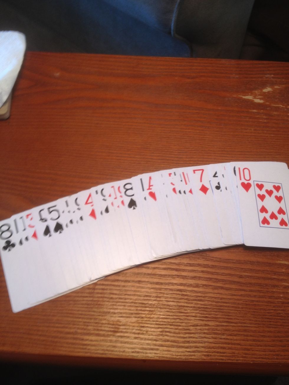 Make sure you have a regular 52 count deck of cards, no jokers. Shuffle and have an observer cut the deck for authenticity. Next, place the deck face down. My picture just illustrates I have all cards
