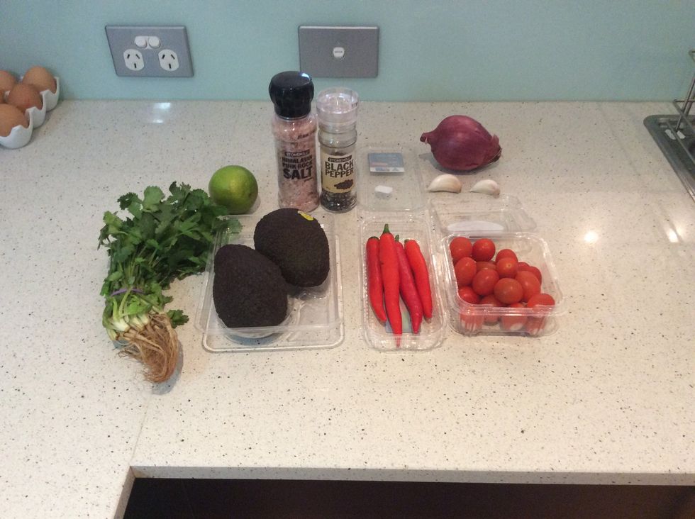 Make sure you have all the right ingredients  1.) 2-3 avocados  2.) coriander  3.) 1 lime  4.) 1 chilli 5.) 1 glove of garlic  6.) 1/2 a purple onion  7.) 6 cherry tomatoes  8.) salt and Pepper.