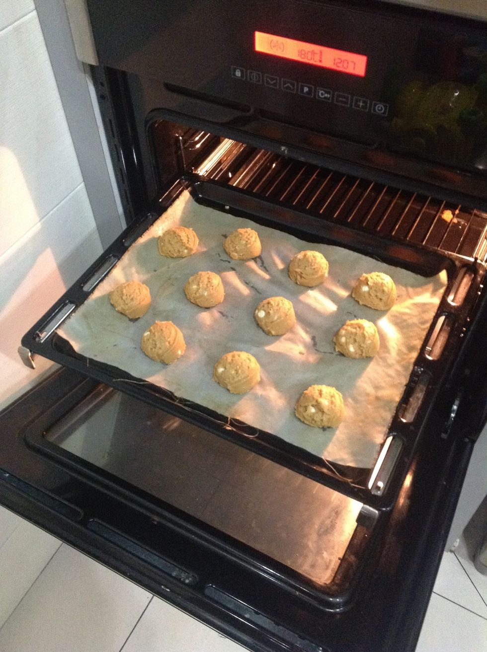Make sure you leave some space in between each cookie as they spread out :) bake for 11-15 minutes.