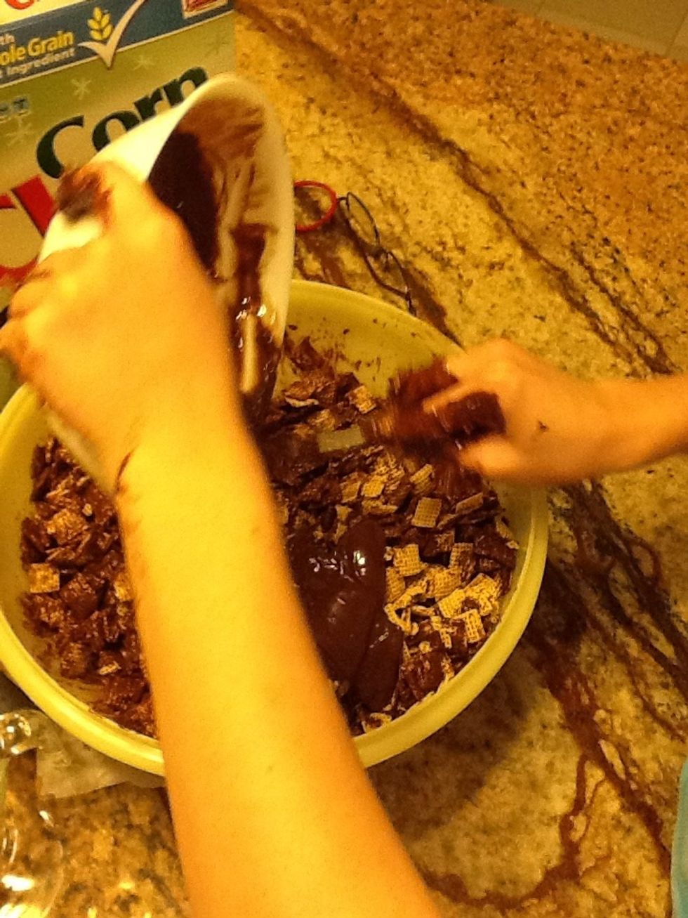 Make sure you pour all of the chocolate into the bowl and mix it up so all of the Chex has some of the mixture on it.