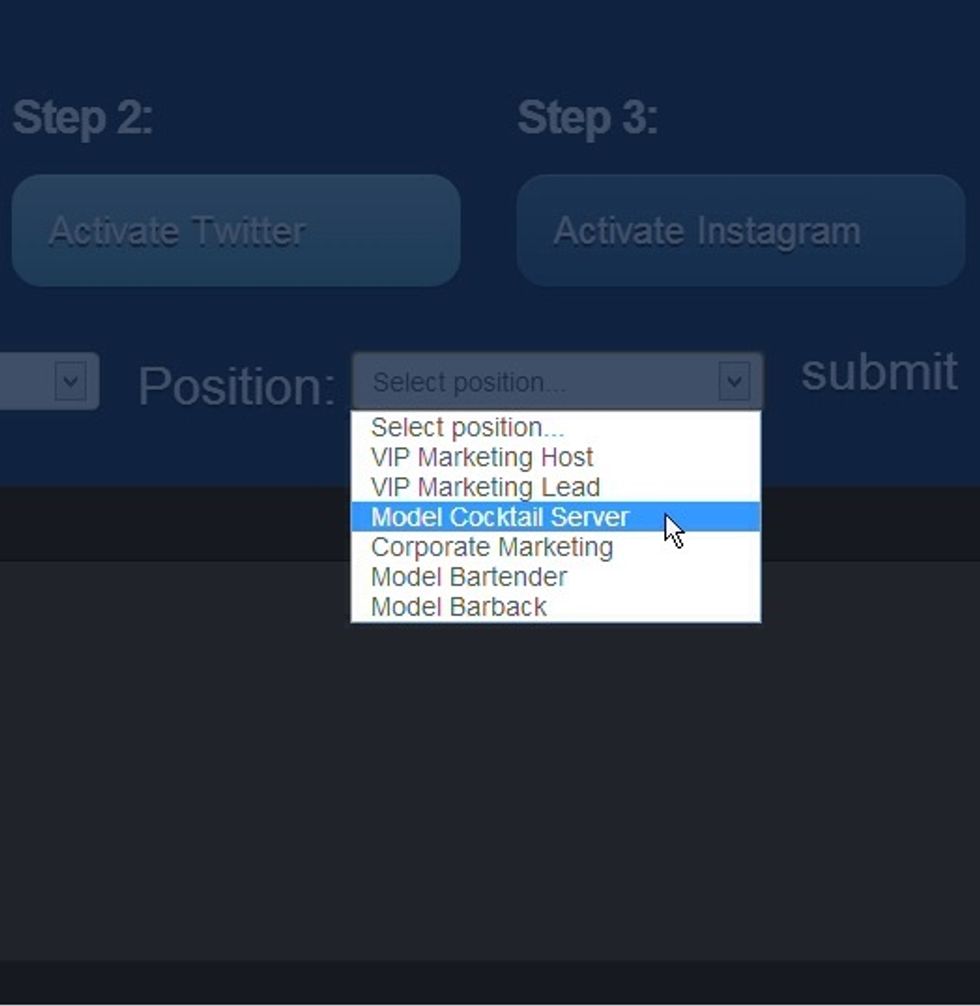 Make sure you select your venue and position from the drop down menus located underneath the social apps and then hit submit. You only have to complete this process once. Radar will remember you.