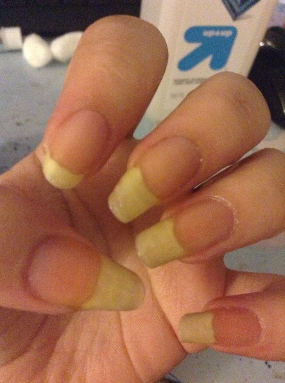 Make sure you use cuticle cream (I used Burt's Bees Lemon Butter cream) or cuticle oil. Or something to moisturize. Because acetone is super drying. And my nails are yellow b/c I paint them everyday.