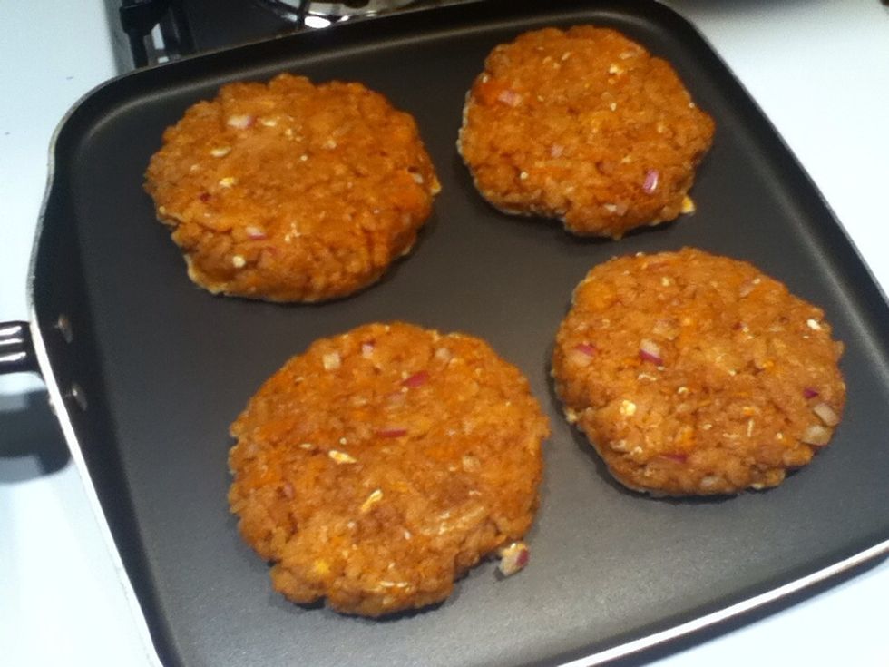 Make sure your pan is nice and hot, I had it on medium-high heat. Then cook completely through, mine took about 5 minutes on each side.