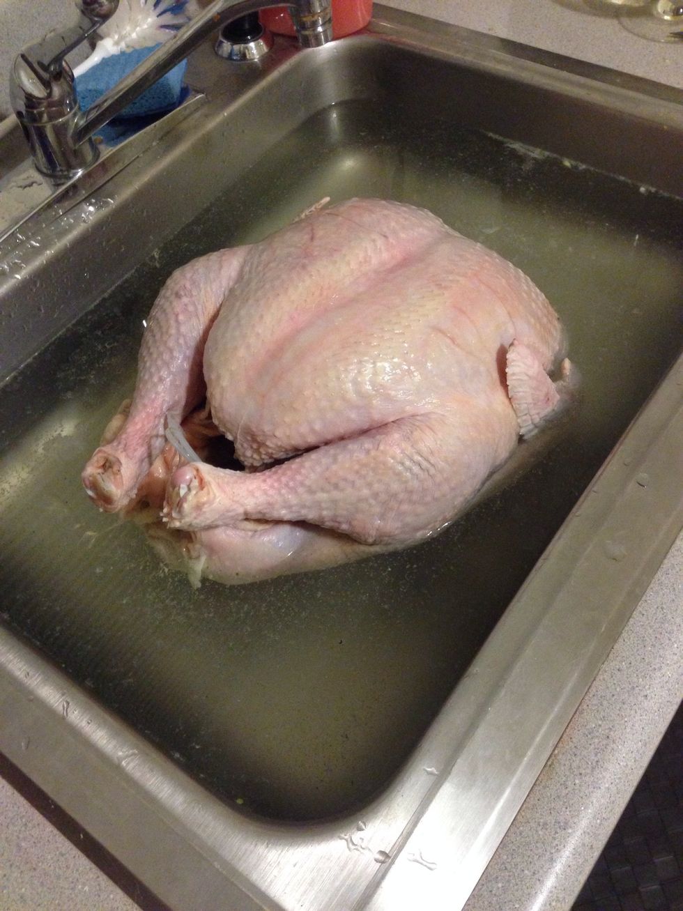 Make sure your turkey is defrosted. I washed my sink and put the turkey in a hot water bath.