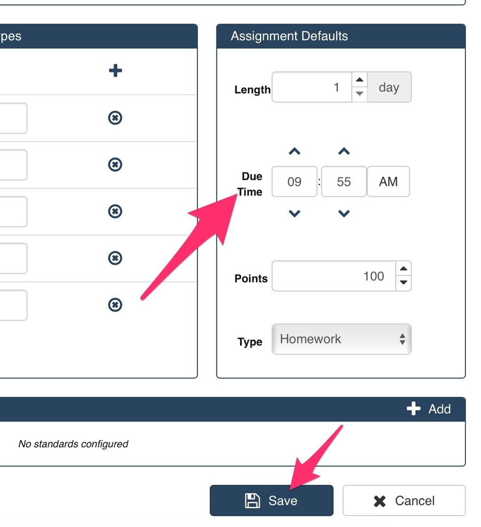 Make the default Due Time ten minutes after the beginning of class. Save. Repeat for each class.