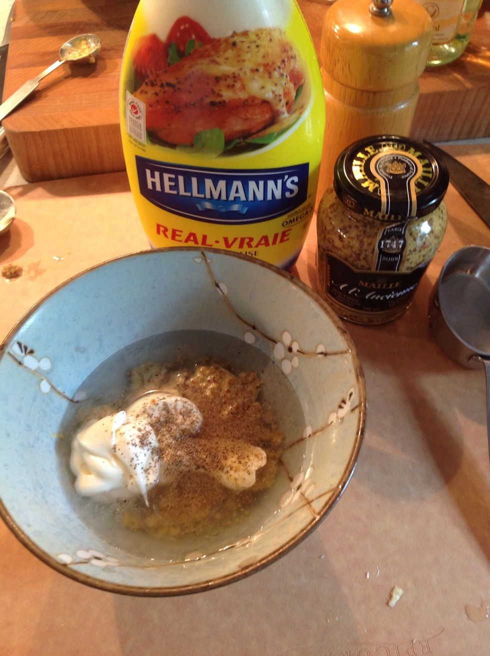 Make the dressing. Whisk together the Maille mustard, Vinegar, Hellmann's mayonnaise and salt and pepper.