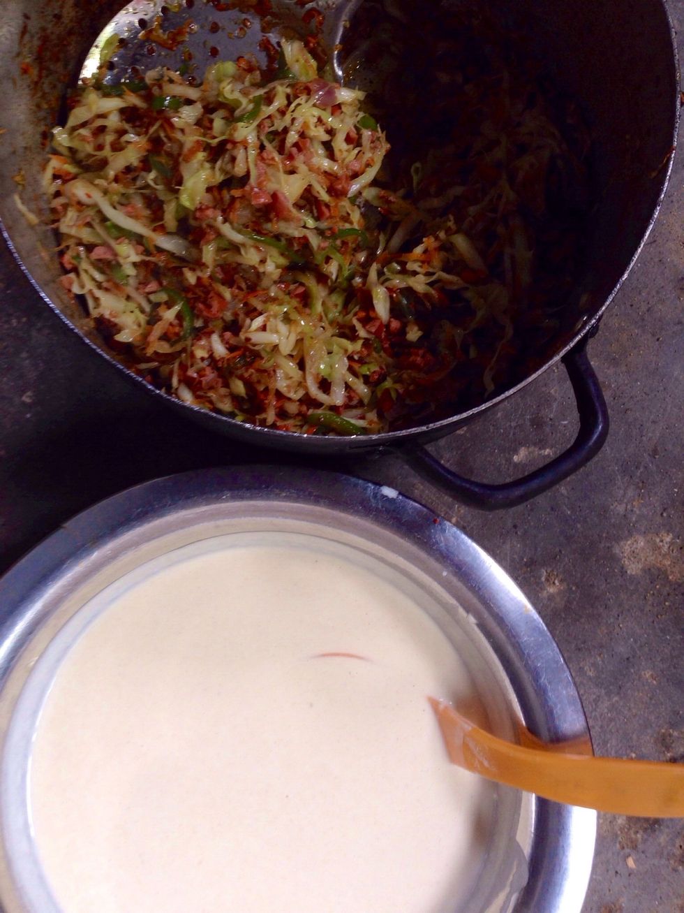 MAKE THE FILLING:Stir fry the chopped vegetables, onions and hotdogs in some vegetable oil. Add spices to taste.