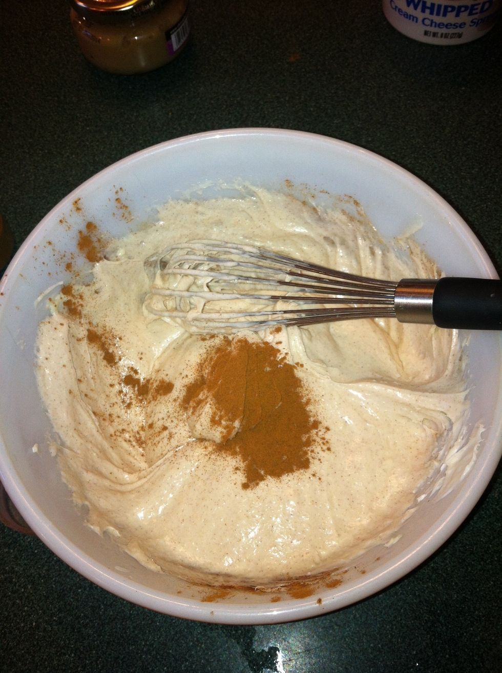 make the icing :)   Mix in cream cheese, 2 tbsp of cinnamon, sugar, and 1/4 stick of softened butter.  Note: most recipes call for confectioners sugar but I use granulated- gives it a nice texture