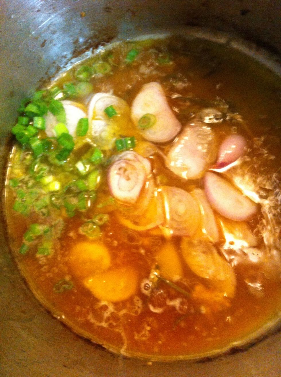 Make the sauce from the chicken breast drippings by adding white wine, sprig of rosemary, shallots and scallions to pan along with a bit of potato water - boil down to a thicker consistency