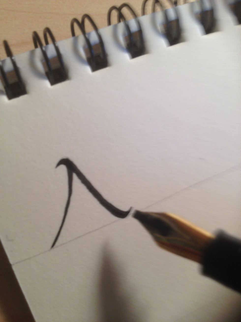 Make the second stroke downwards, somewhat steeper than the first, with flourishes at both ends. If your nib angle is correct, the second stroke should be much thicker than the first.