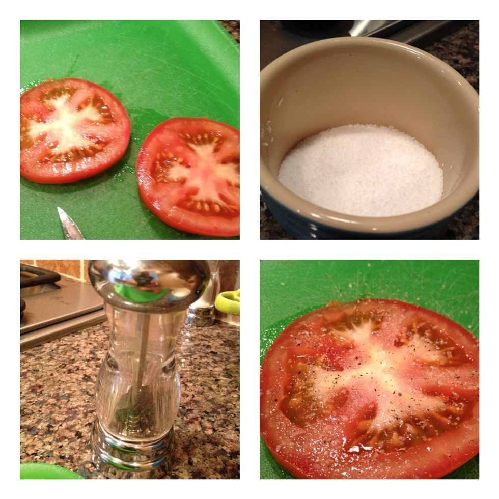 Make two tomato slices, then sprinkle with salt and pepper. Place the slices on the basil. Save the rest of the tomato for another day :)