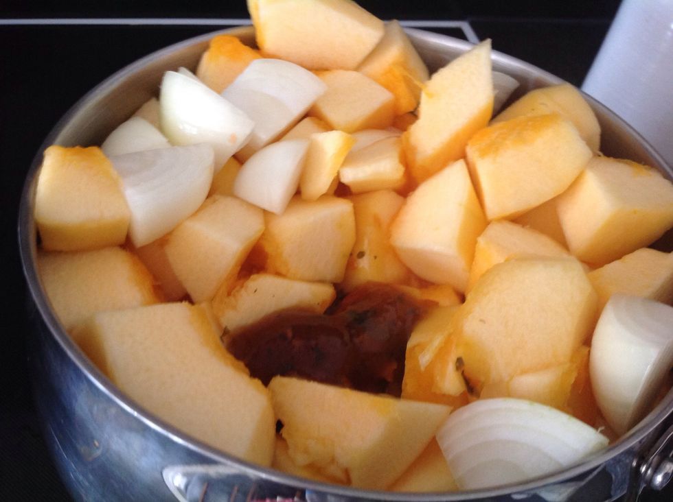 Make up 700 ml of stock a add to the pan and put on high heat.