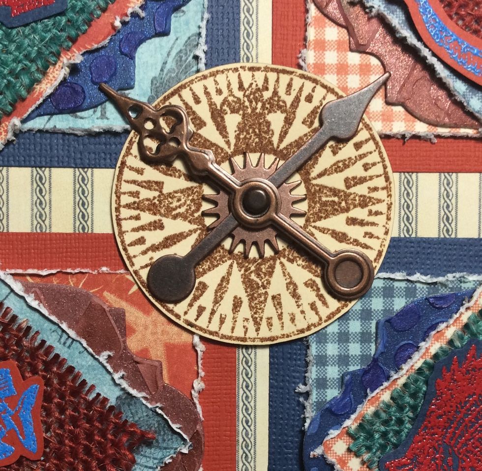 Make up the compass unit as shown and anchor in the centre of the wall hanging. Position the clock hands in a cross formation.