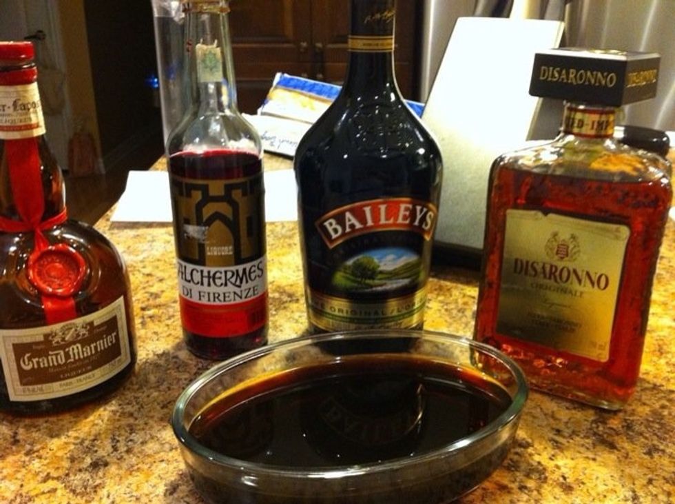 Make very strong coffee and let cool. You will also need baileys, amaretto, grand marnier and alchermes (only found in Italy)