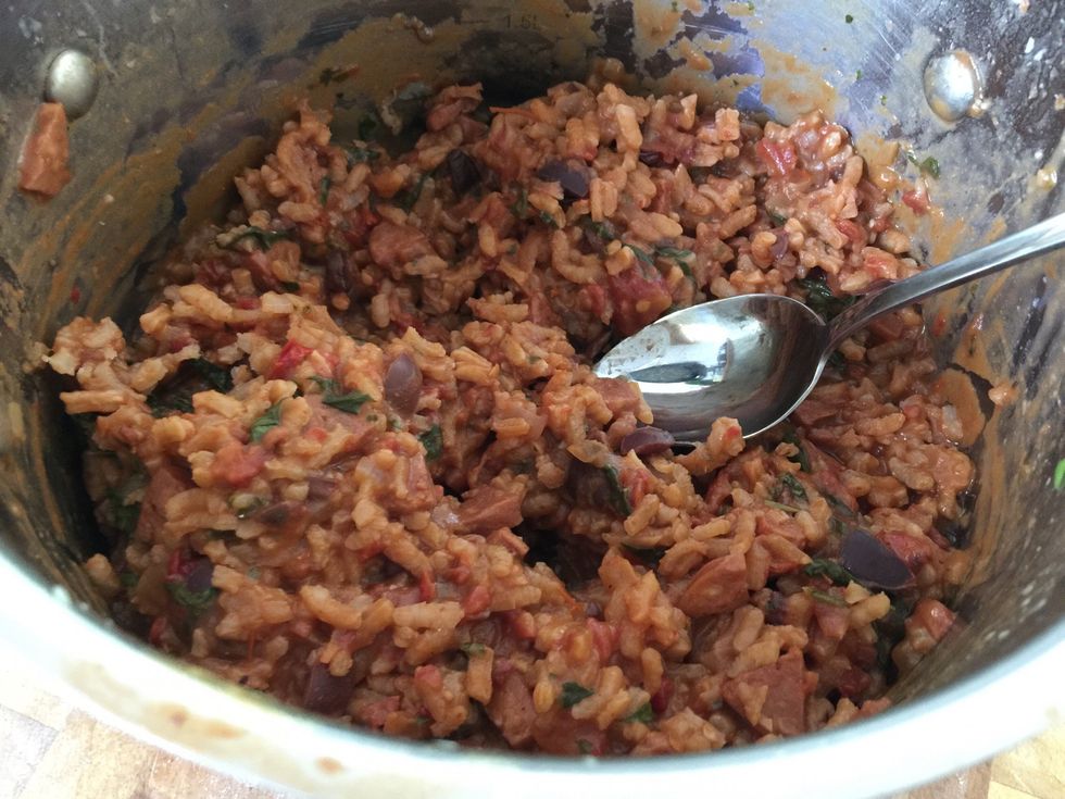 Make your risotto the day before and whatever flavour you like. I went with tomato, olive and chorizo.