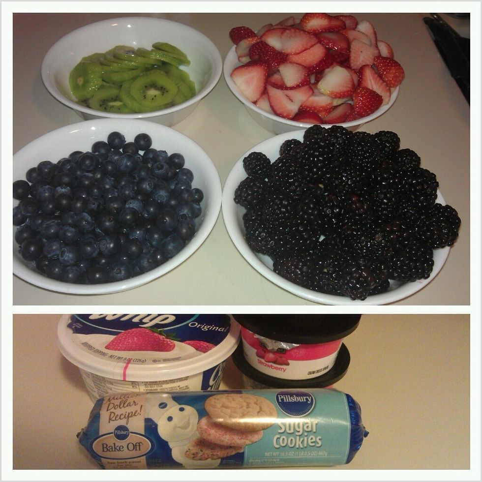 Makes sure to leave cookie dough, cream cheese and coolwhip out for at least 30 to soften. Wash and dry fruits really well. I am using strawberries, blueberries, blackberries and kiwi.