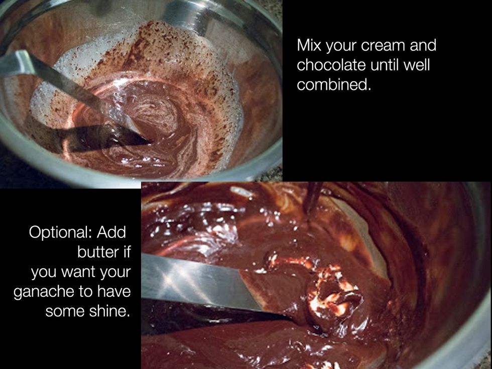 MAKING CHOCOLATE GANACHE: After the mixture has cooled down, mix together until well combined. You can add 1 tbsp room temperature butter if you want some shine.
