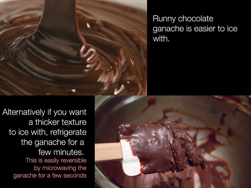 MAKING CHOCOLATE GANACHE: You will set the chocolate ganache aside. Keep at room temperature if you'd like it runny (easier to ice), if you want it thicker, refrigerate for a few minutes.