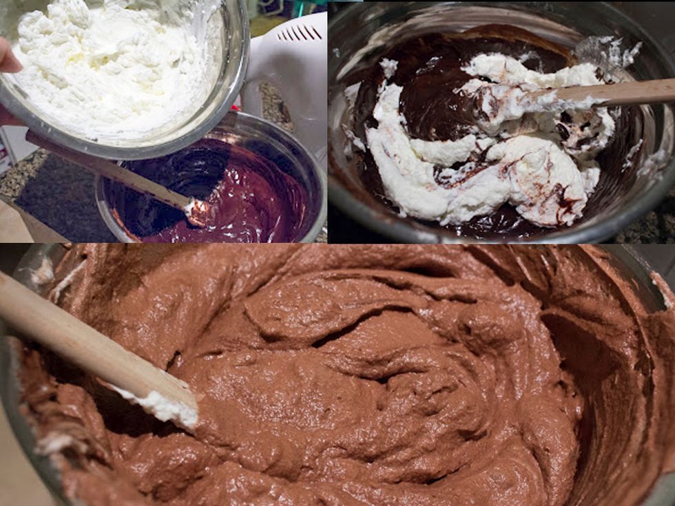 MAKING CHOCOLATE MOUSSE: Add 1/2 whipped cream mixture and fold into chocolate mixture. And then add the remaining whipped cream, folding until there are no white streaks. Chocolate mousse is done!