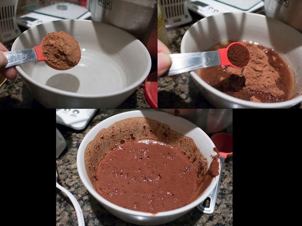 MAKING CHOCOLATE MOUSSE: In a separate bowl, add 1/2 cup hot water, then 5 tbsp cocoa powder, and 1/2 instant coffee or espresso powder. Mix well. Set aside.