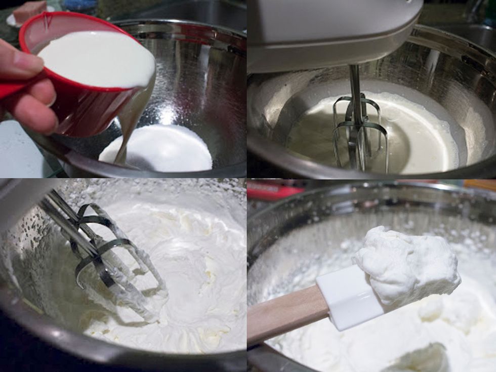 MAKING CHOCOLATE MOUSSE: In a separate mixing bowl, add 2 cups of heavy cream to 2 tbsp sugar and whip until the mixture forms soft peaks. Set bowl aside.