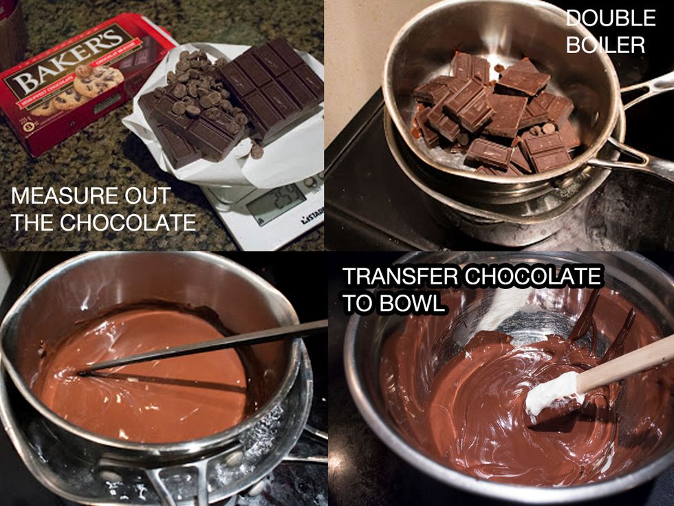 MAKING CHOCOLATE MOUSSE: Place 260 g of chocolate into a Double Boiler (Pot w/ boiling water, Smaller pot placed on top with chocolate) and melt. Transfer chocolate into a bowl. Set aside to cool.