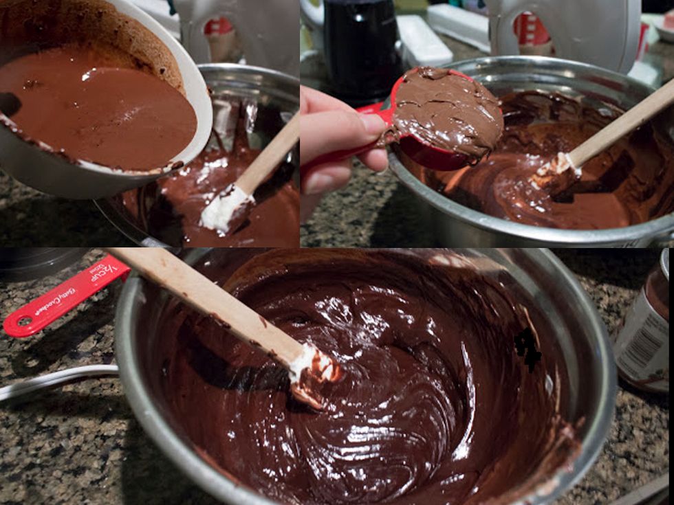 MAKING CHOCOLATE MOUSSE: We're now going to combine chocolate components. Add instant coffee mixture to melted chocolate, then 1/3 cup Nutella to that mixture and mix well.