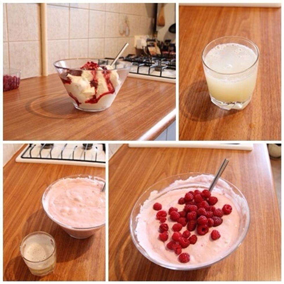 Making the filling: 1.Mix yogurt with the jam(if jam is without berries then add fresh ones) 2.Mix jam yogurt with melted gelatine 3.Pour the filling in to the baking tray.
