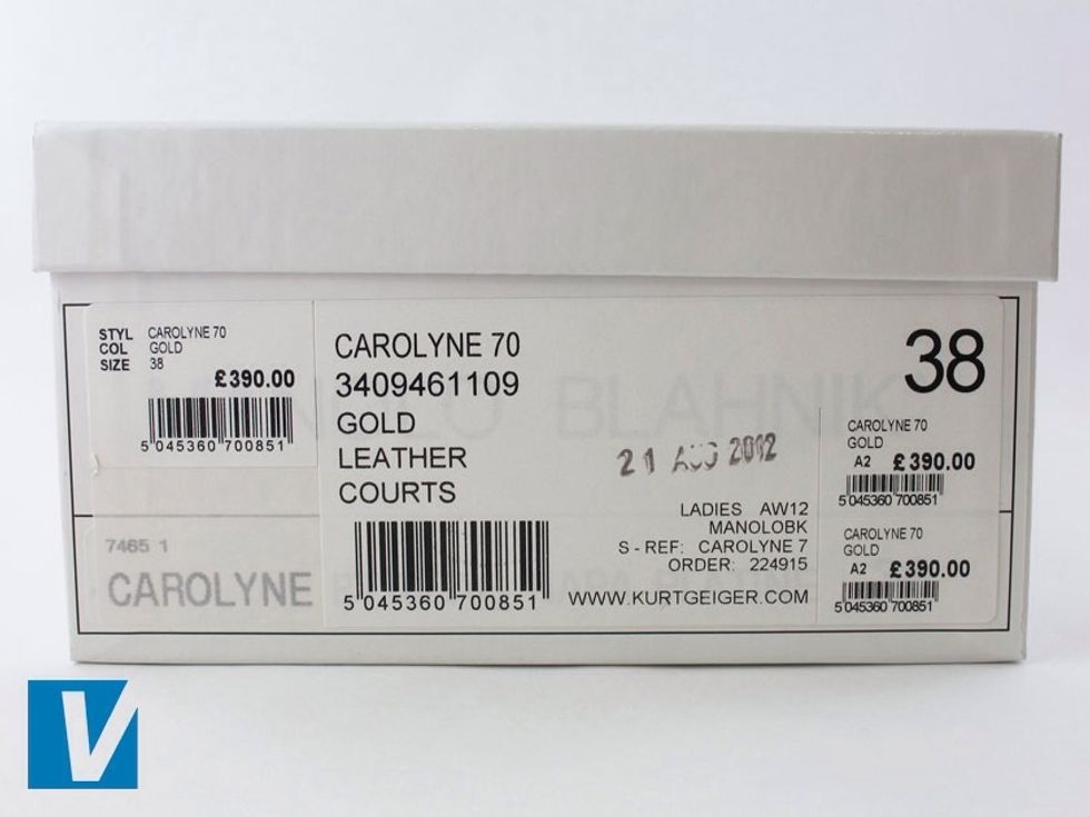 Manolo Blahnik shoe boxes feature a white label on the one end detailing style/model, color, size information and the logo. Check these details match the details of the shoe.