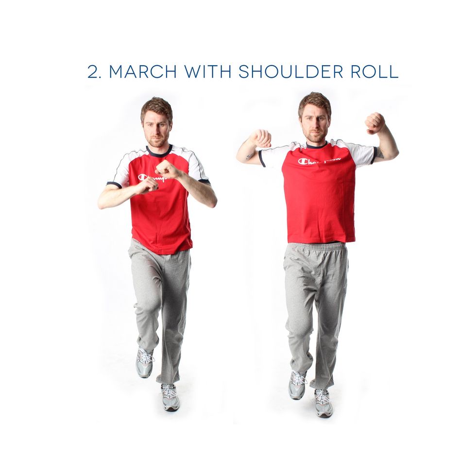 March and shoulder rolls - Whilst marching on the spot, roll your shoulders forward (for 5) and then backwards (for 5)