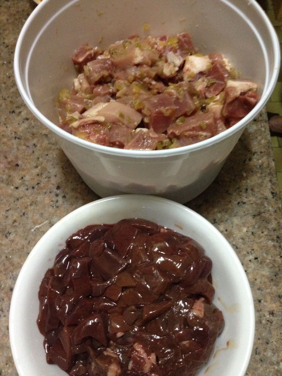 Marinade the cubed pork in pickle relish, salt and pepper. Season the chopped liver with salt and pepper