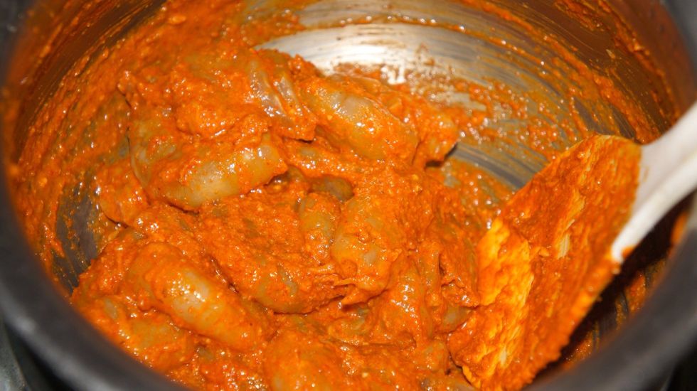 Marinade the shrimps with red chilli powder ginger garlic paste garam masala yogurt olive oil salt
