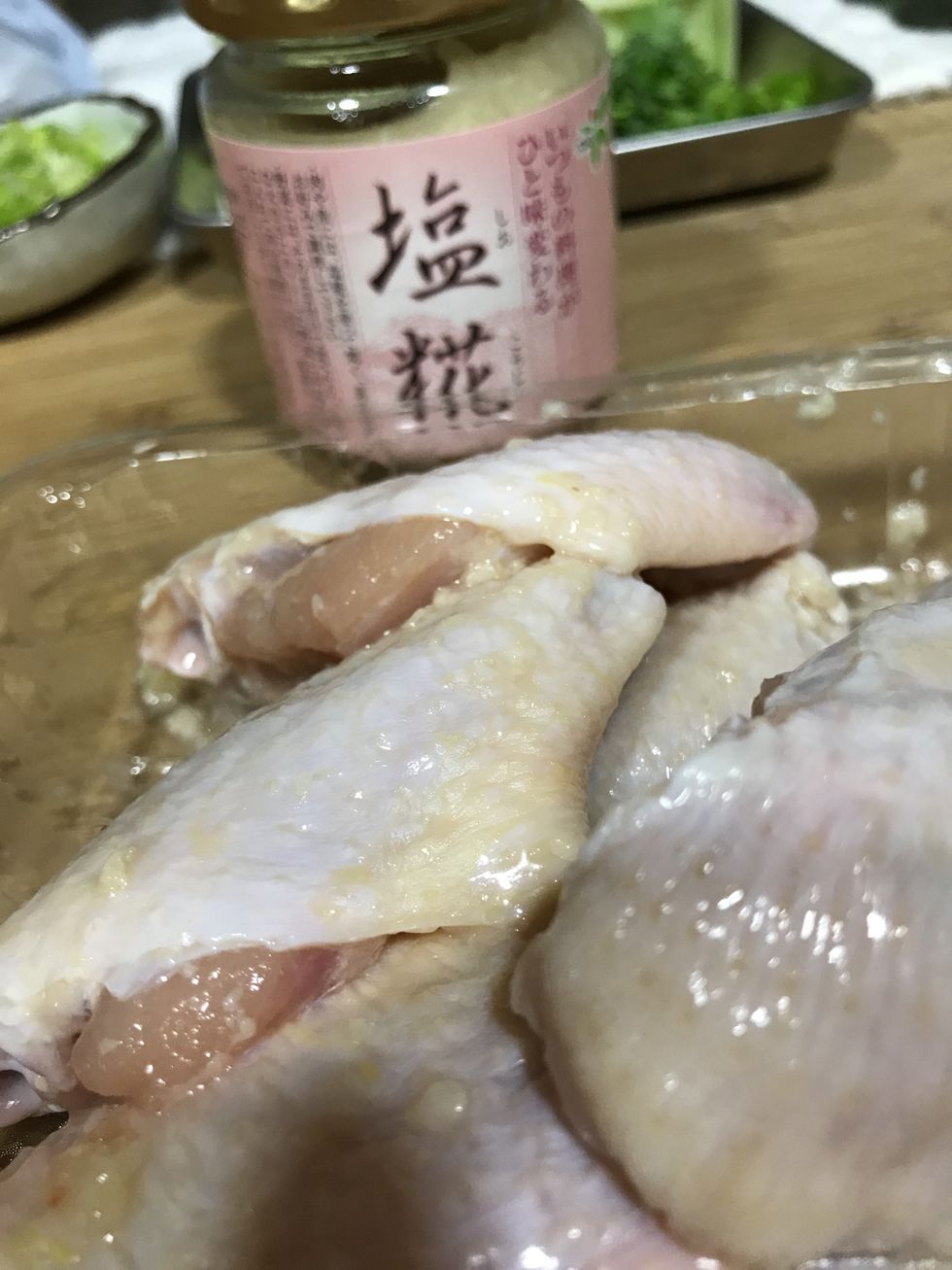 Marinate chicken wing with one tsp of koji