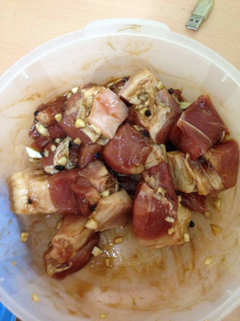 Marinate pork in oyster sauce, minced garlic, & pepper corn for at least 1 hour