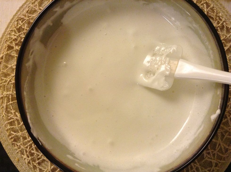 Marshmallows will have puffed up, some will have melted completely. Stir until the mixture is completely melted and smooth.