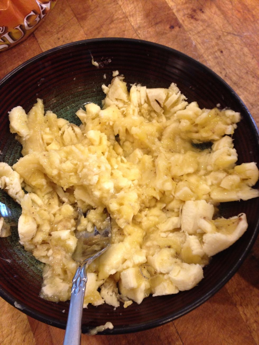 Mash 3 and a half (I had a half left over, from breakfast, but 4 would probably be fine!) heat in the microwave for 1min 30 sec.