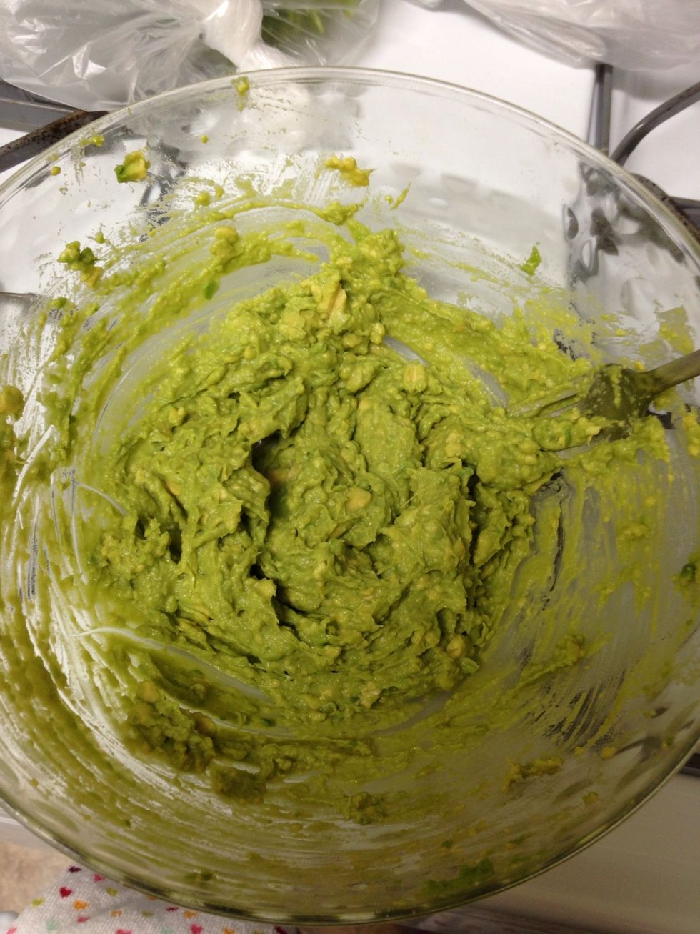 Mash avocados. I used a fork, and left some chunks!
