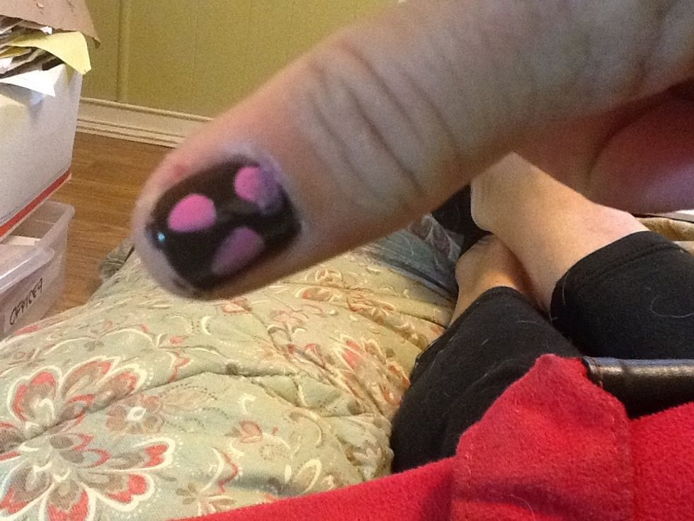 Mash in a few medium-sized pink blobs. Not really supposed to be perfect circles. I should really probably get off my bed and get some paint brushes. Too lazy.