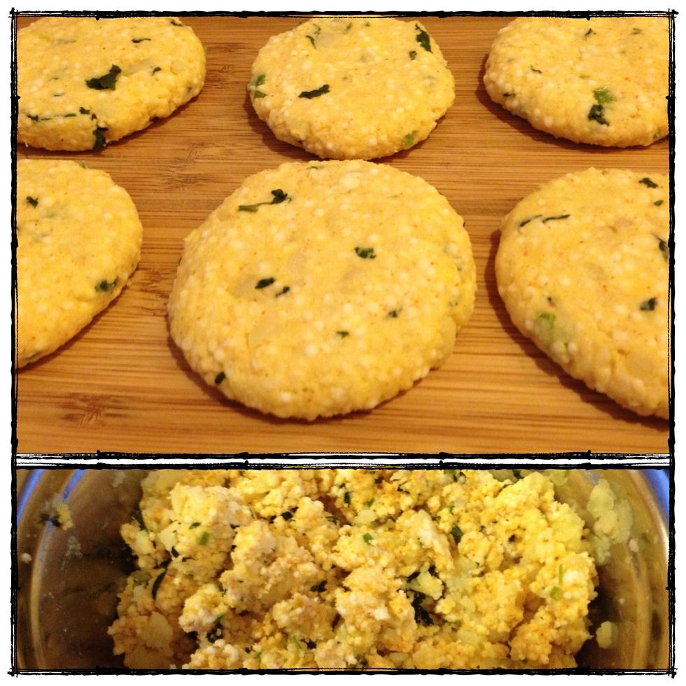 Mash potatoe and mix everything together except for oil and make small rounds like in pic to fry.