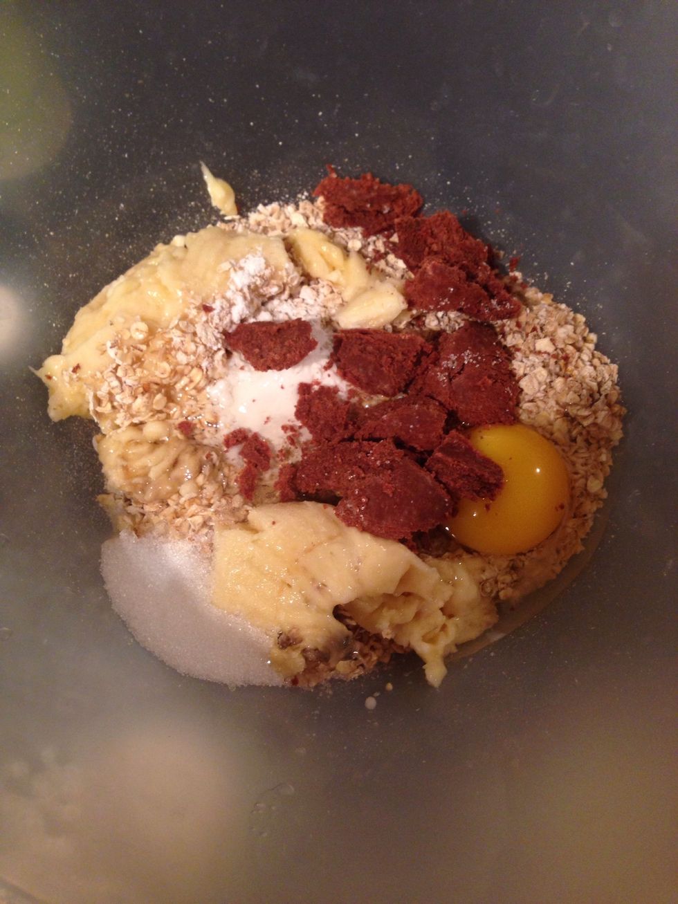 Mash the banana with the fork. Put all ingredients in a bowl. (Except fry light)