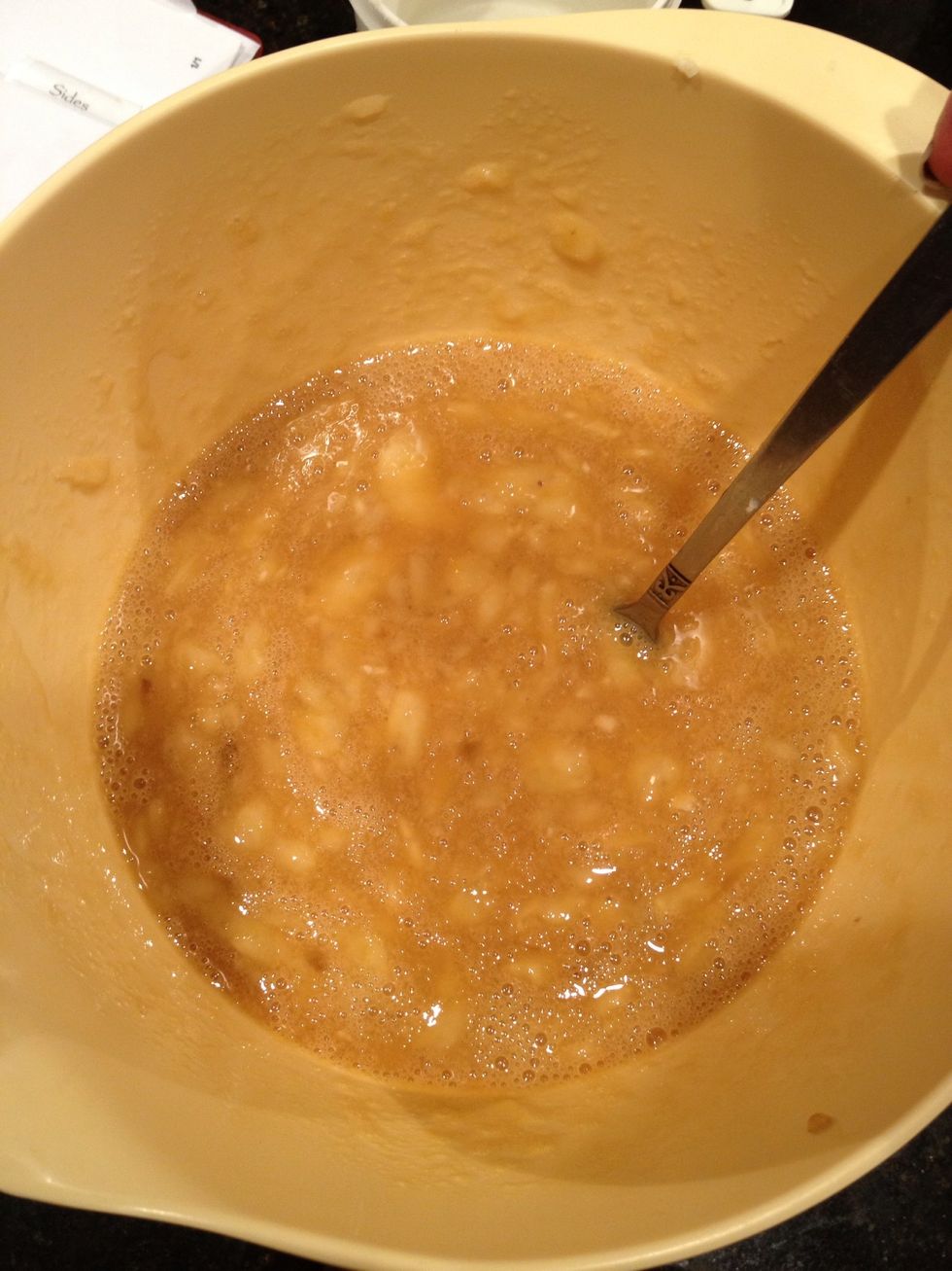 Mash the bananas into the wet ingredients