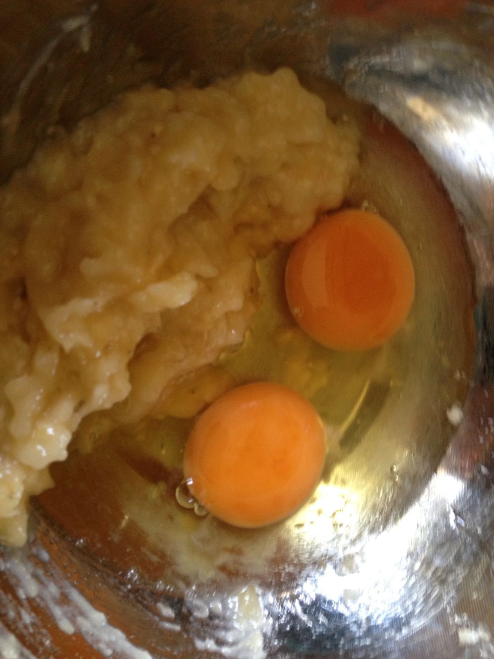 Mash your ripe banana - the riper the better. Whisk eggs and add to your mashed banana. To save on washing, I whisked the eggs to the side of the banana then mixed them together.
