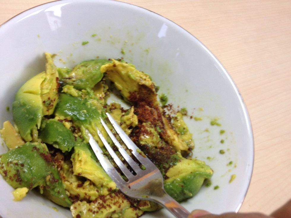 Mashed with a fork until smooth. Set aside