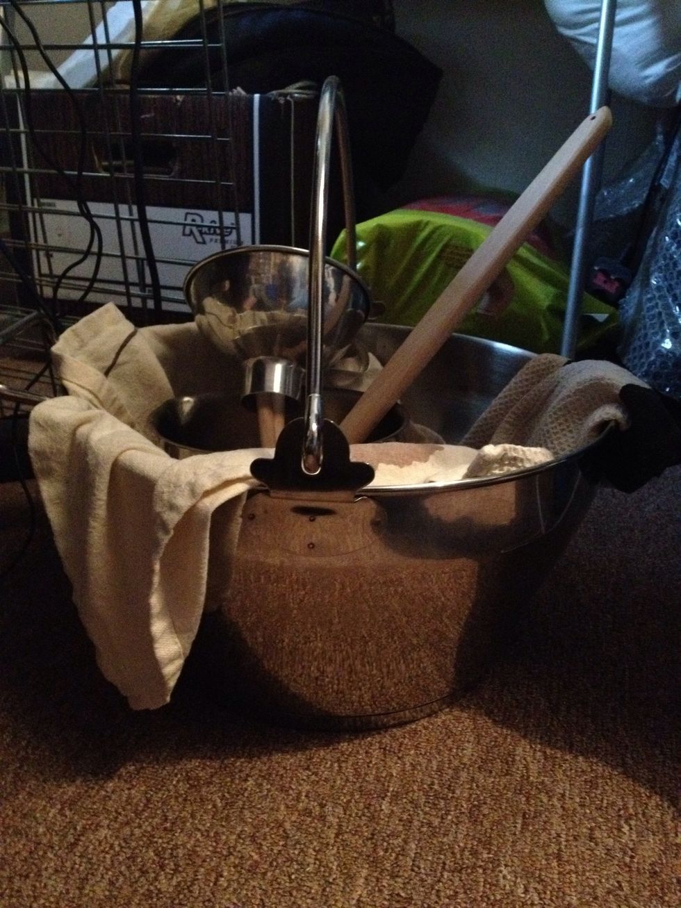 Maslin pan, jam funnel, jug, preserving spoon. Essential kit.