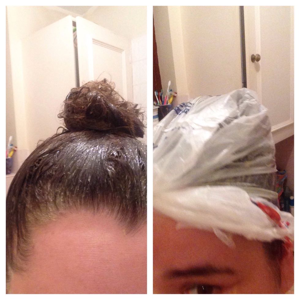 Massage into scalp and cover hair for minimum 20minutes, i usually keep mine over night. You can use a shower cap, cling film it even a plastic bag to cover hair.